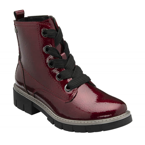 Lotus ULB350DR Jojo Ladies Bordo Patent Zip & Lace Ankle Boots with chunky black sole and lace-up front.