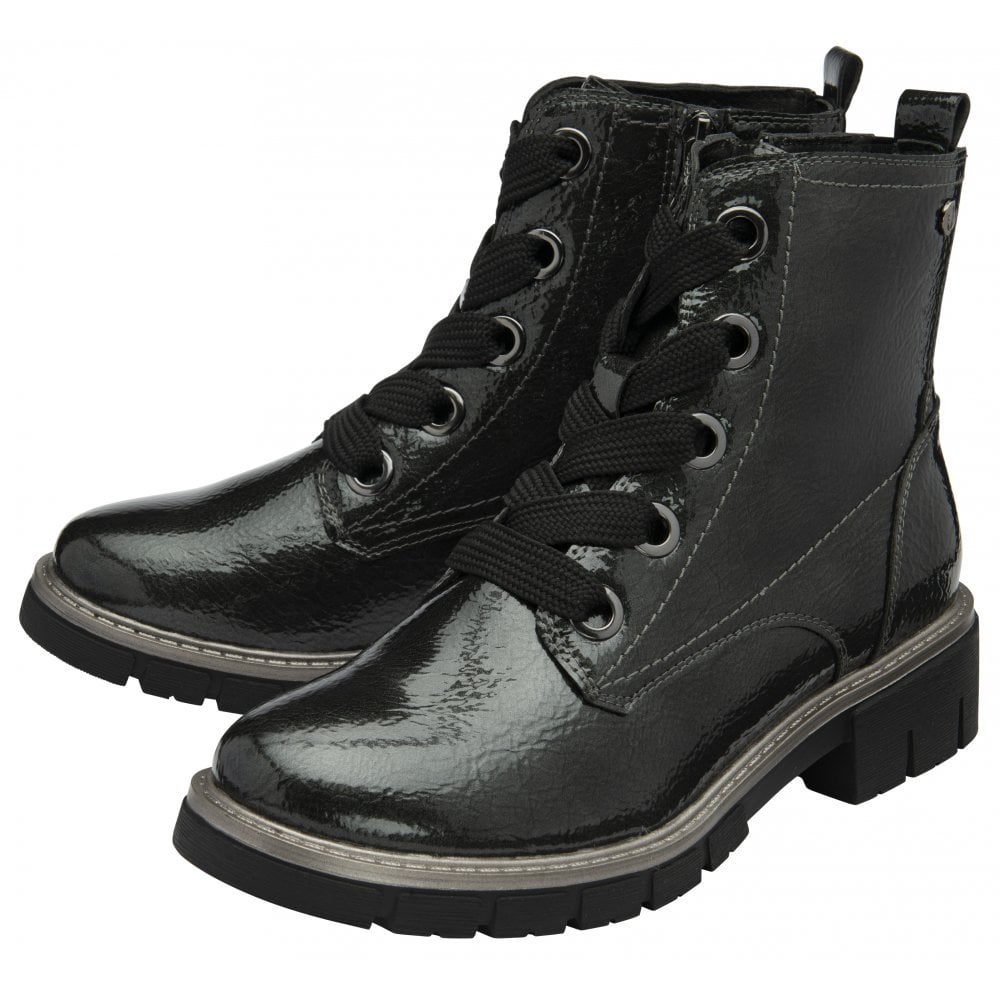 Lotus ULB350GP Jojo Ladies Grey Patent Zip & Lace Ankle Boots with chunky heel and lace-up front.