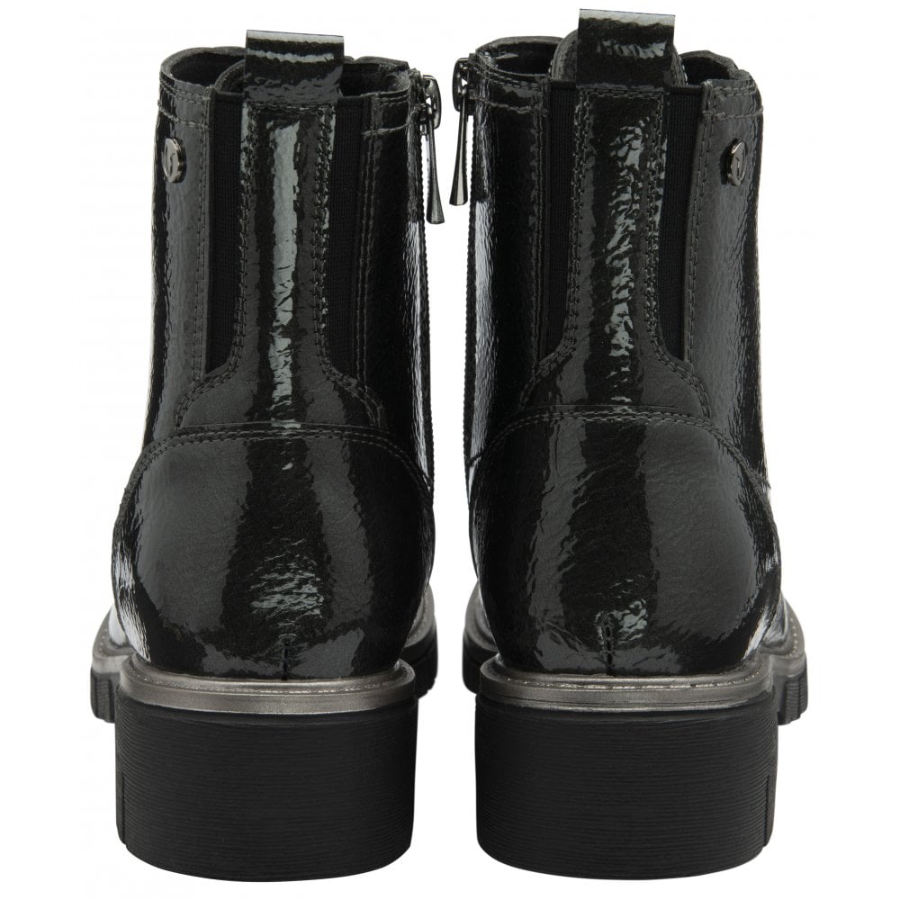 Lotus ULB350GP Jojo Ladies Grey Patent Zip & Lace Ankle Boots, shiny patent finish, chunky sole, zipper and lace-up design.