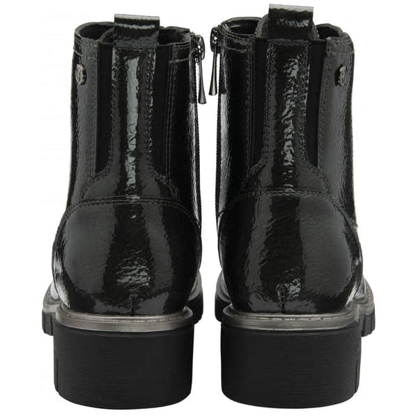 Lotus ULB350GP Jojo Ladies Grey Patent Zip & Lace Ankle Boots, shiny patent finish, chunky sole, zipper and lace-up design.