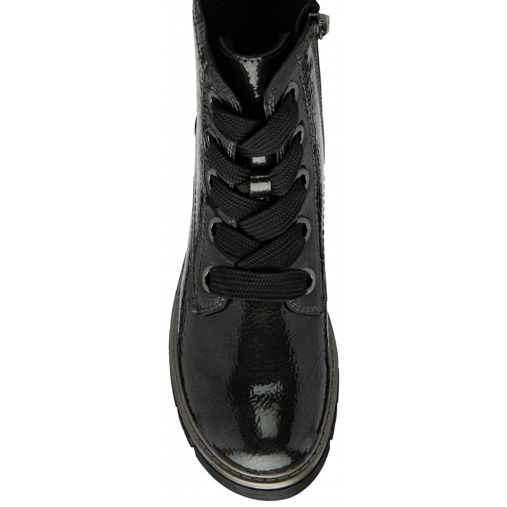 Lotus ULB350GP Jojo Ladies Grey Patent Zip & Lace Ankle Boots with lace-up front and zip closure.