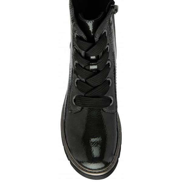Lotus ULB350GP Jojo Ladies Grey Patent Zip & Lace Ankle Boots with lace-up front and zip closure.