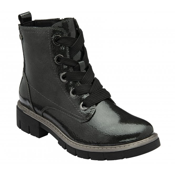 Black patent ankle boot for women with lace-up front, zip closure, and rugged chunky sole.