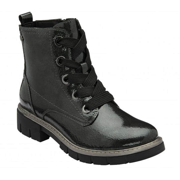 Black patent ankle boot for women with lace-up front, zip closure, and rugged chunky sole.