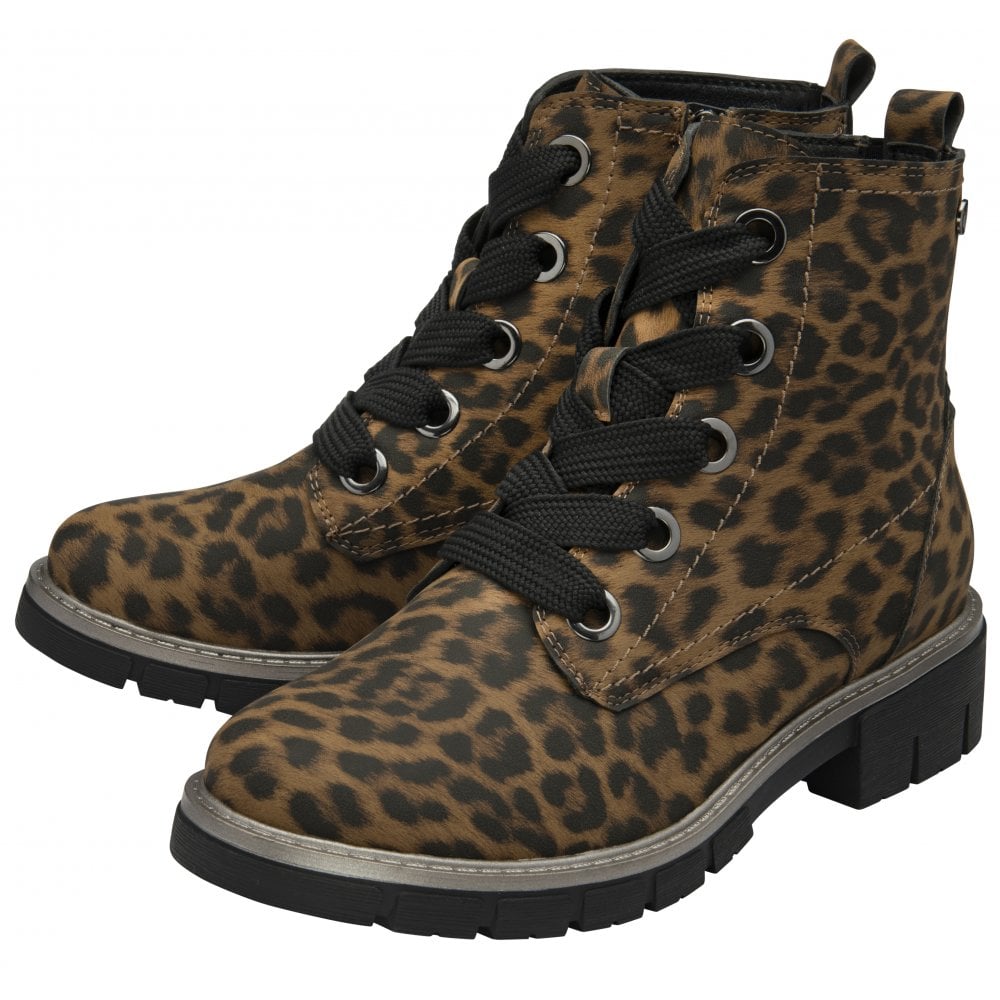 Leopard print ankle boots for women with lace-up front, zip and lace details, branded 