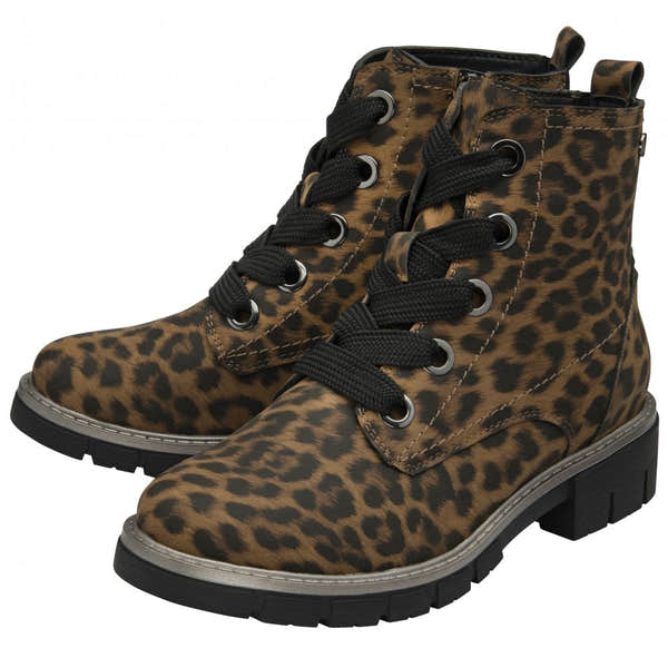 Leopard print ankle boots for women with lace-up front, zip and lace details, branded "Lotus ULB350ZZ Jojo" style.