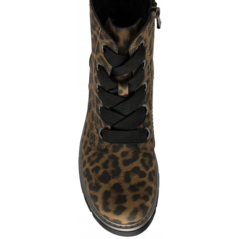 Lotus ULB350ZZ Jojo leopard print zip & lace ankle boots for women, stylish combat-style footwear with leopard pattern and black laces.