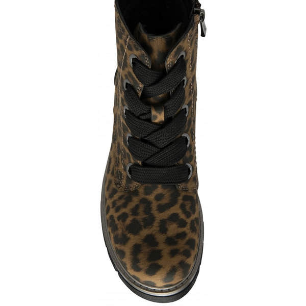 Lotus ULB350ZZ Jojo leopard print zip & lace ankle boots for women, stylish combat-style footwear with leopard pattern and black laces.