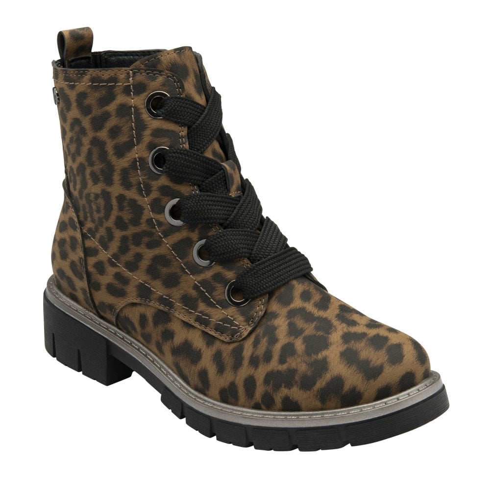 Lotus ULB350ZZ Jojo women's leopard print lace-up ankle boots with zip and chunky sole.