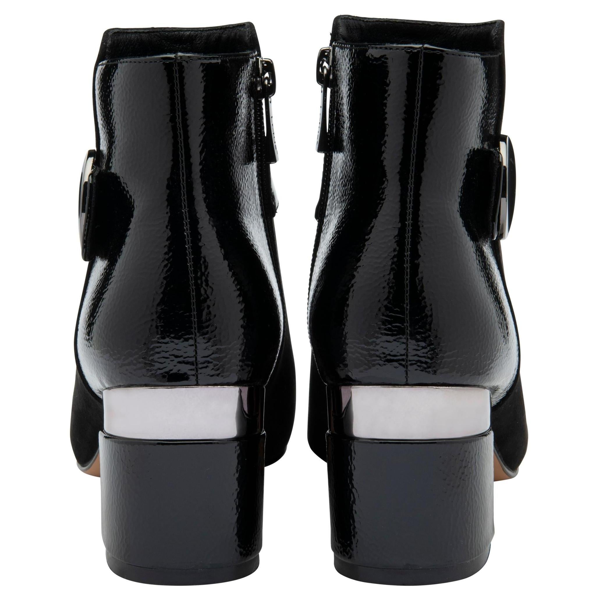 Lotus ULB419 Kirsty women's black combi buckle side zip heeled ankle boots, heel view.