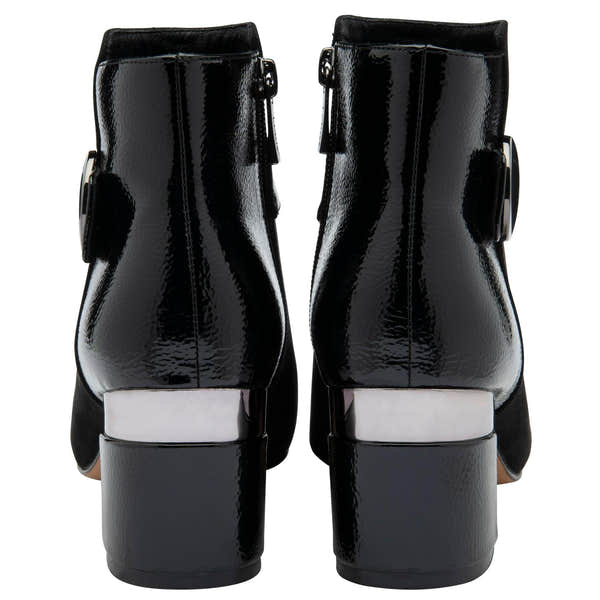Lotus ULB419 Kirsty women's black combi buckle side zip heeled ankle boots, heel view.