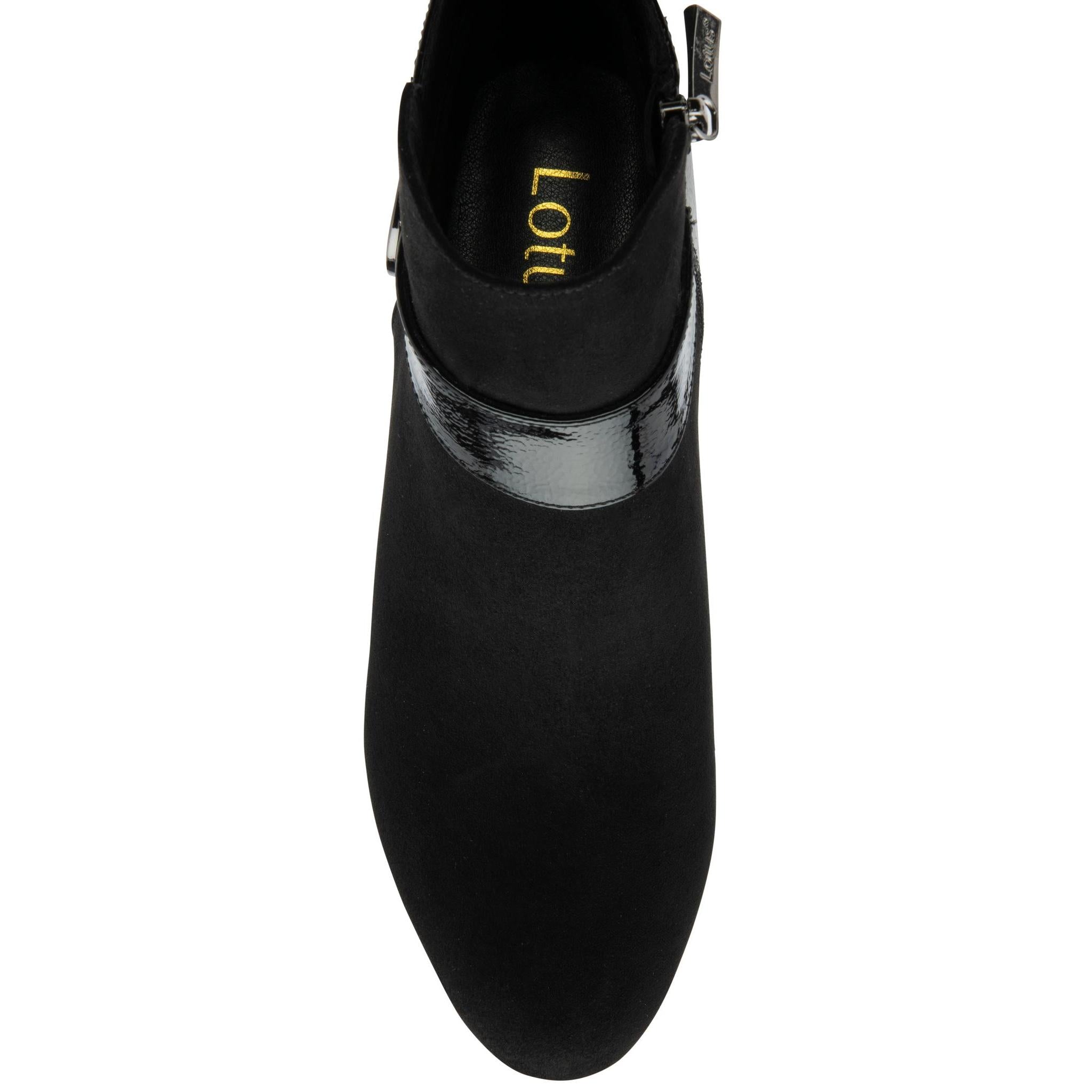 Lotus ULB419 Kirsty women's black combi buckle side zip heeled ankle boots, toe detail.