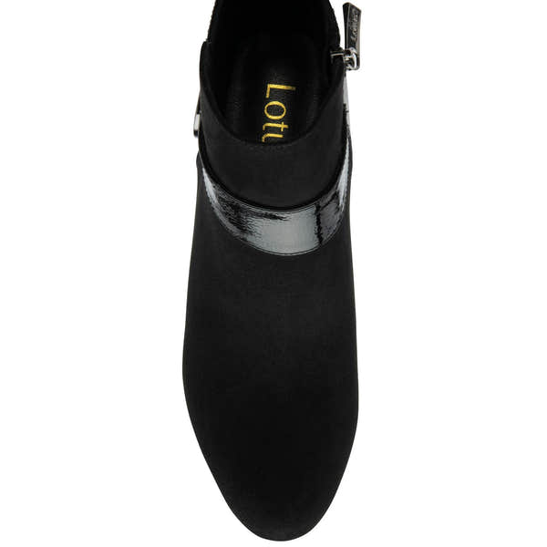 Lotus ULB419 Kirsty women's black combi buckle side zip heeled ankle boots, toe detail.
