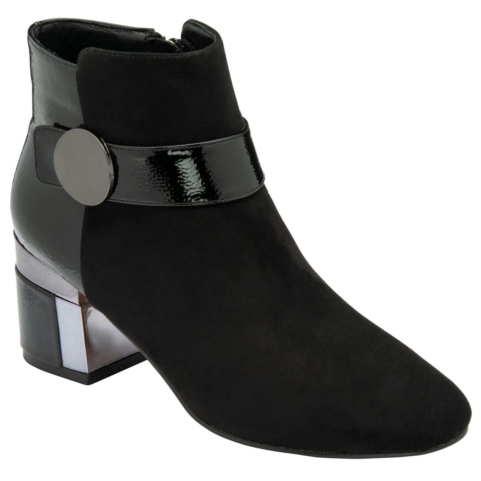 Lotus ULB419 Kirsty women's black combi buckle side zip heeled ankle boots, front three-quarter view.