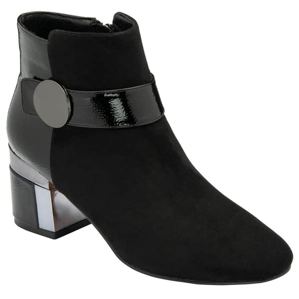 Lotus ULB419 Kirsty women's black combi buckle side zip heeled ankle boots, front three-quarter view.