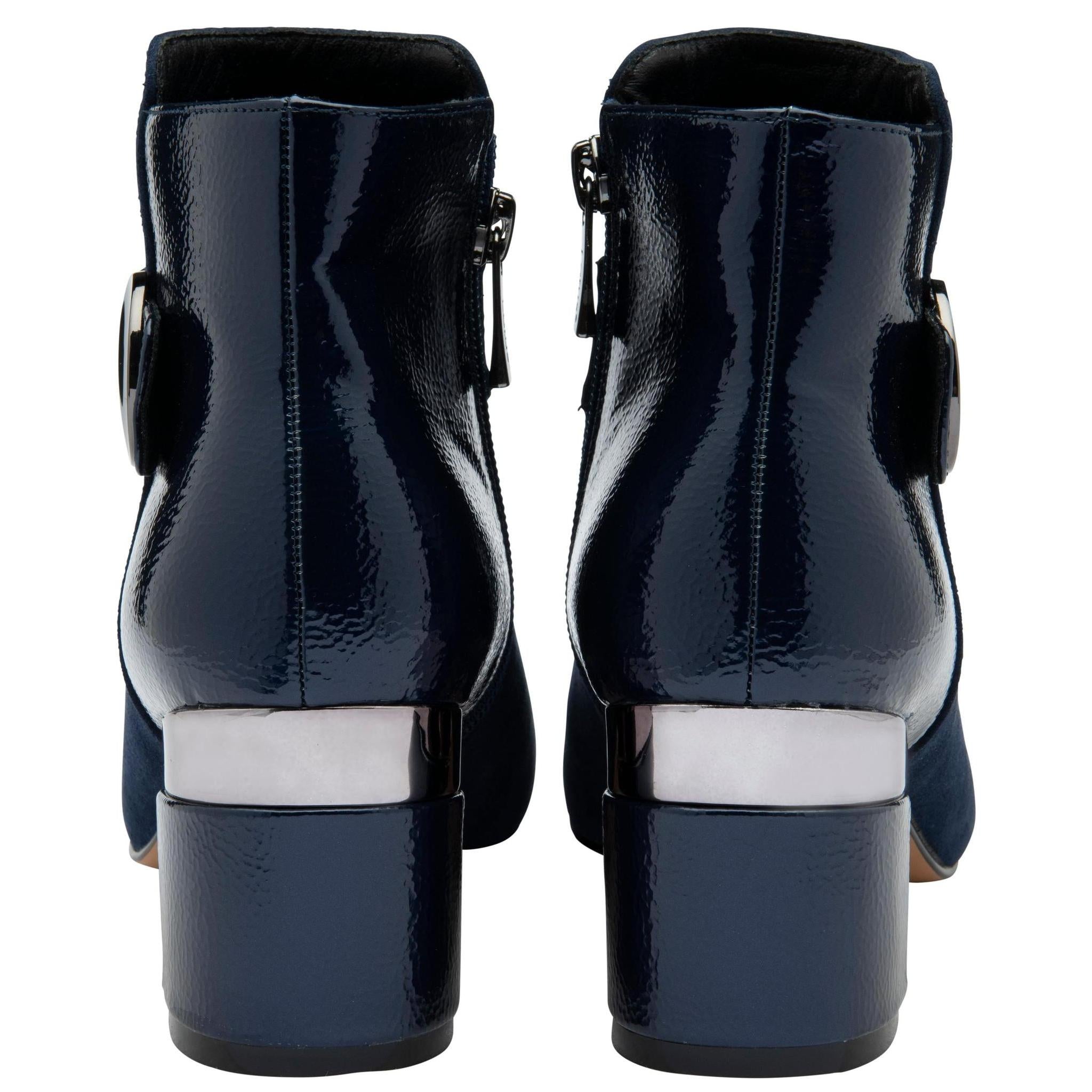 Lotus ULB419 Kirsty women's navy blue combi buckle side zip heeled ankle boots, heel view.