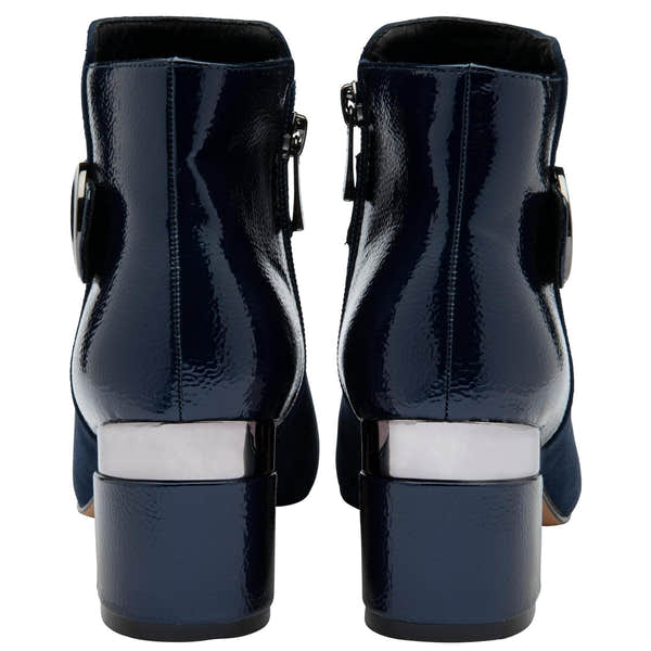 Lotus ULB419 Kirsty women's navy blue combi buckle side zip heeled ankle boots, heel view.