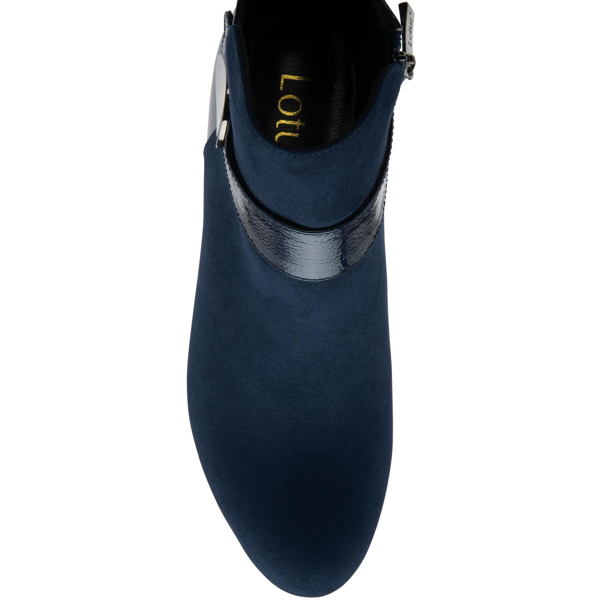 Lotus ULB419 Kirsty women's navy blue combi buckle side zip heeled ankle boots, toe detail.