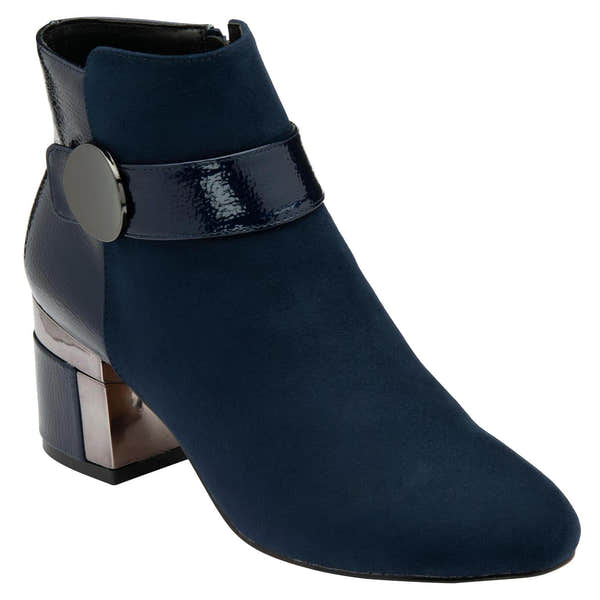 Lotus ULB419 Kirsty women's navy blue combi buckle side zip heeled ankle boots, front three-quarter view.