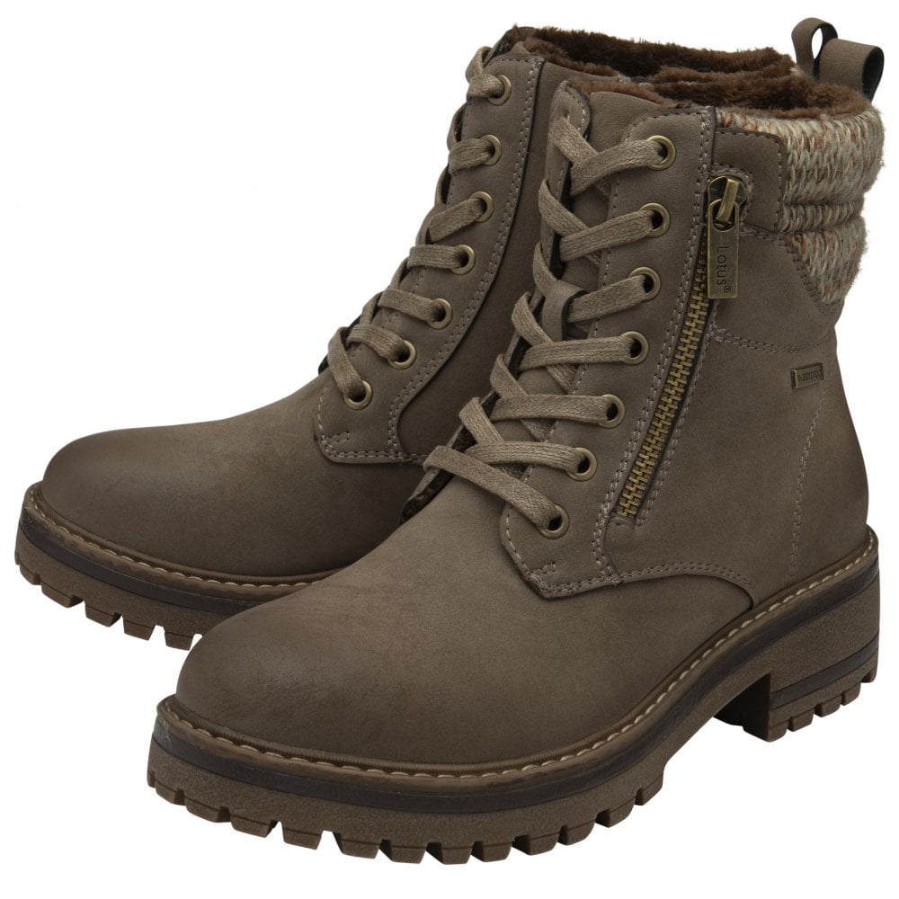 Lotus Stefani women's taupe waterproof ankle boots with lace-up front, side zipper, and faux fur collar, suitable for winter wear.