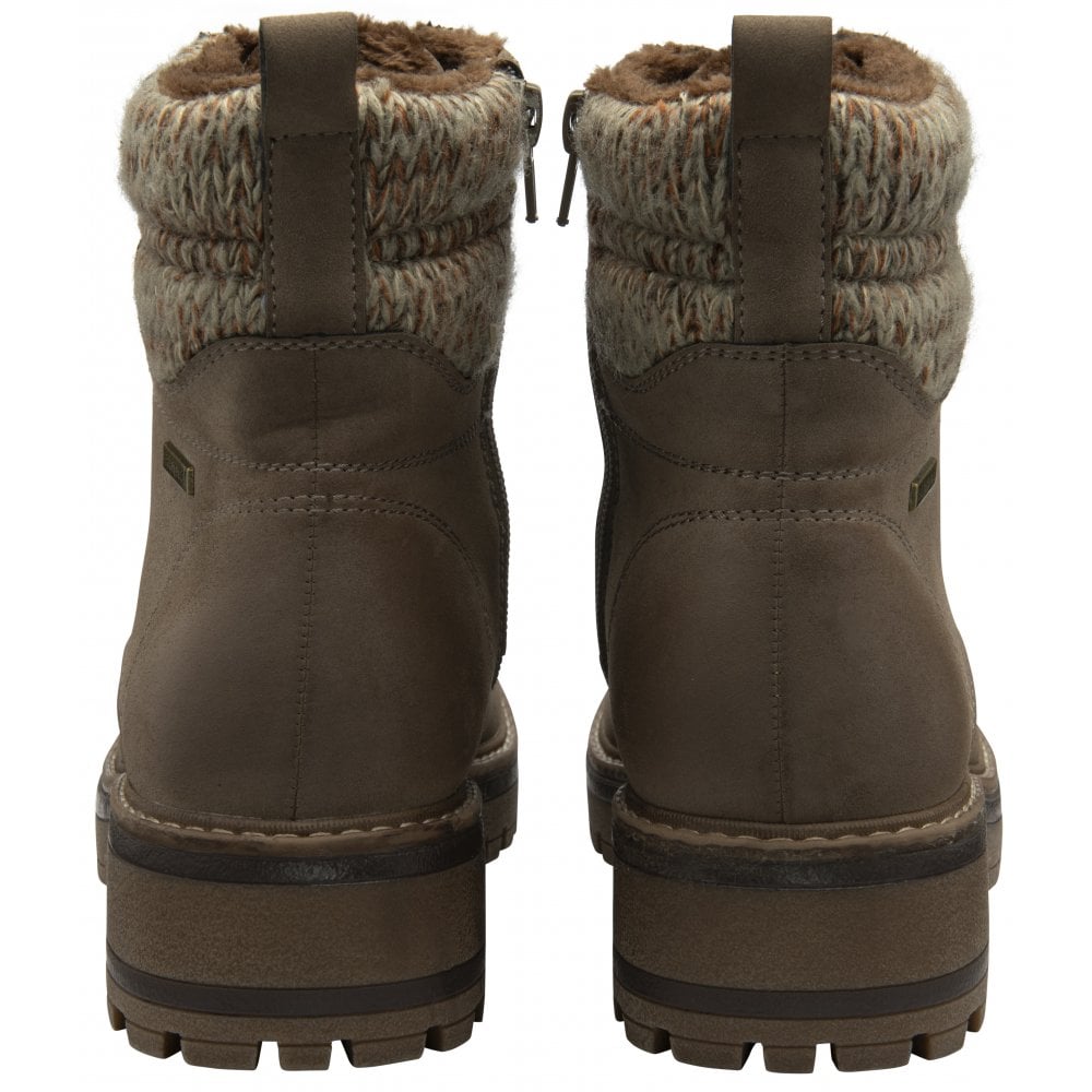 Lotus ULB446FF Stefani women's taupe waterproof ankle boots with lace-up and zip closure, padded knit collar, rugged sole, and brushed interior.