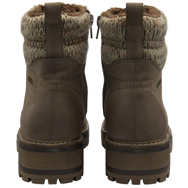 Lotus ULB446FF Stefani women's taupe waterproof ankle boots with lace-up and zip closure, padded knit collar, rugged sole, and brushed interior.