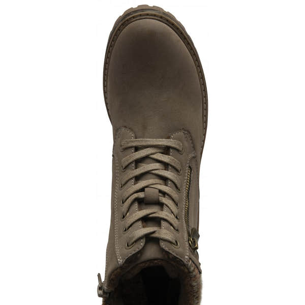 Lotus ULB446FF Stefani taupe waterproof lace-up ankle boots with zip, rugged sole, and detailed stitching.