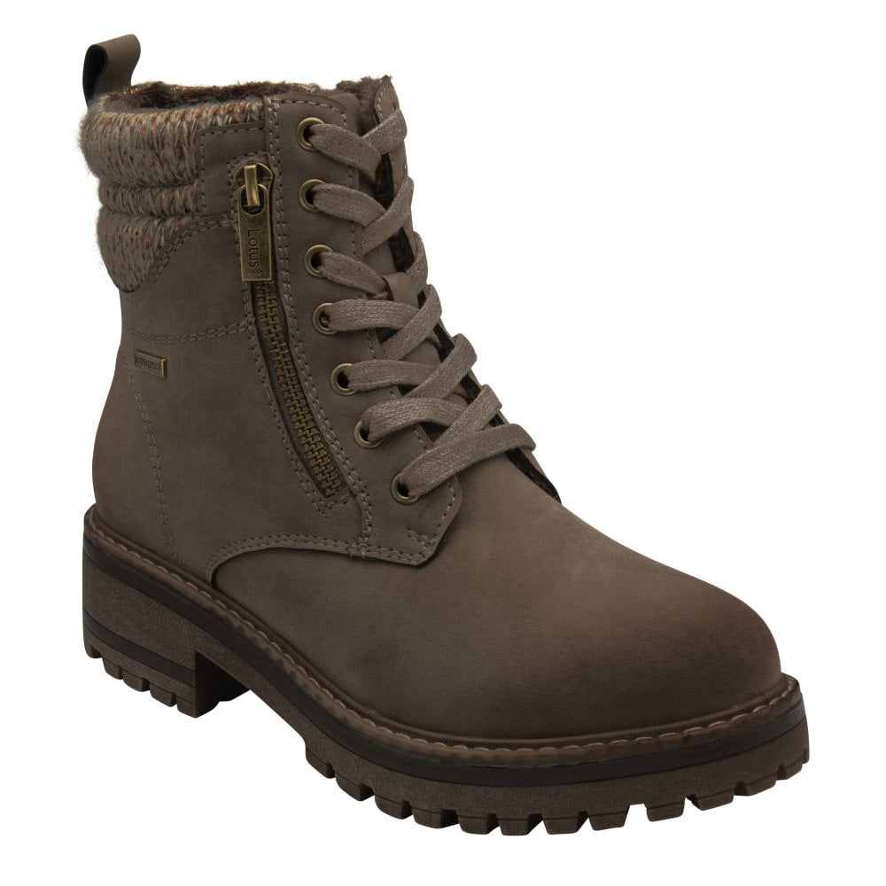 Lotus ULB446FF Stefani women's taupe waterproof ankle boots with lace-up front, side zip, and faux fur collar.