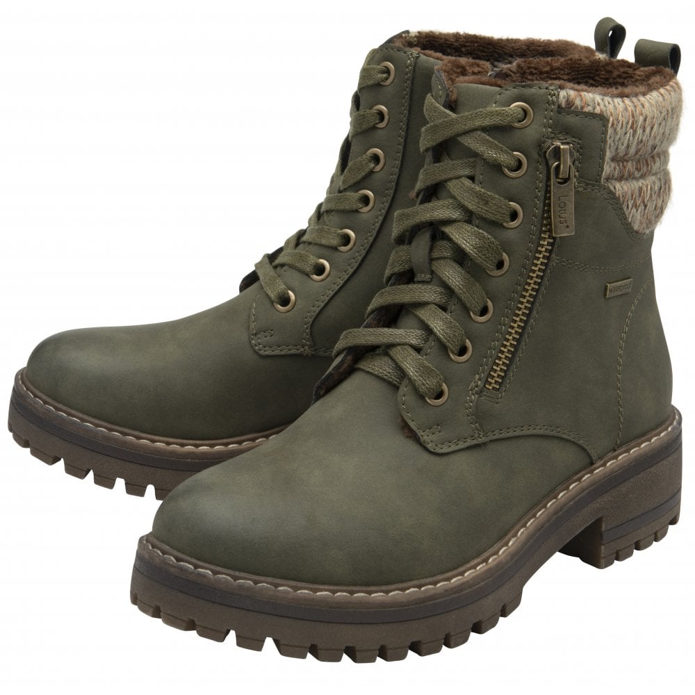Lotus ULB446LN Stefani Ladies Khaki Waterproof Lace-Up Ankle Boots with Faux Fur Collar and Side Zipper.