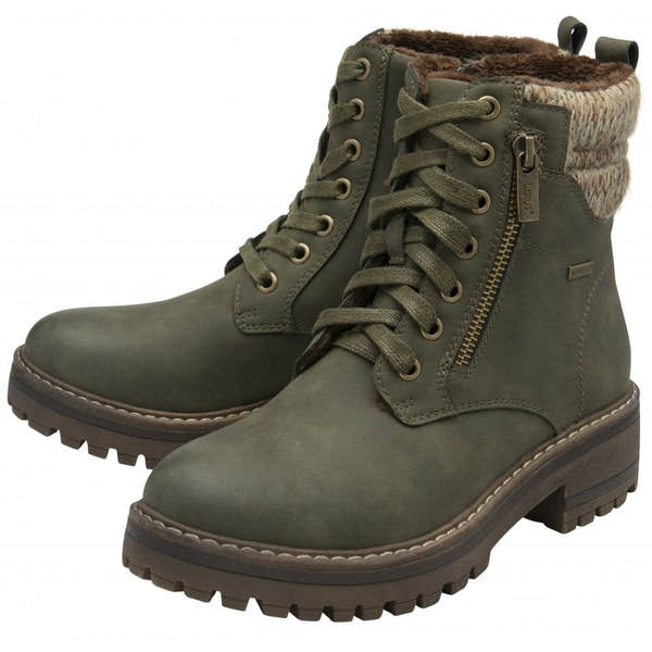 Lotus ULB446LN Stefani Ladies Khaki Waterproof Lace-Up Ankle Boots with Faux Fur Collar and Side Zipper.