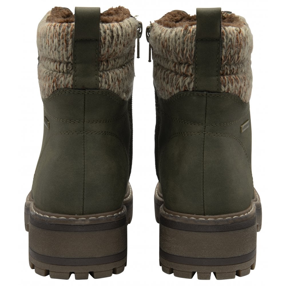 Lotus ULB446LN Stefani women's khaki waterproof ankle boots with lace-up and zip closure, faux fur lining, and rugged outsole.