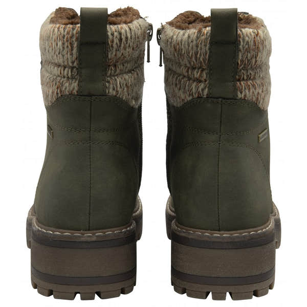 Lotus ULB446LN Stefani women's khaki waterproof ankle boots with lace-up and zip closure, faux fur lining, and rugged outsole.