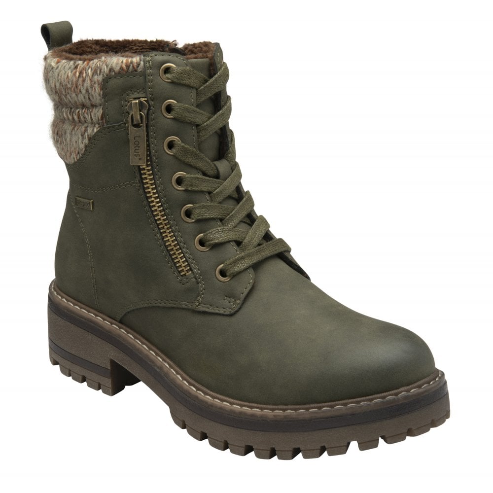 Lotus ULB446LN Stefani Women's Khaki Waterproof Lace-Up Ankle Boots with zip and knit collar, rugged outsole.