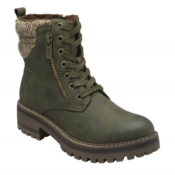 Lotus ULB446LN Stefani Women's Khaki Waterproof Lace-Up Ankle Boots with zip and knit collar, rugged outsole.