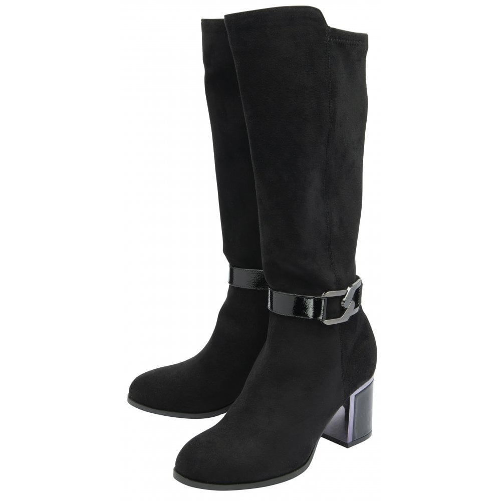 Women's black textile knee-high boots with side zip, chunky block heels, and decorative ankle strap.