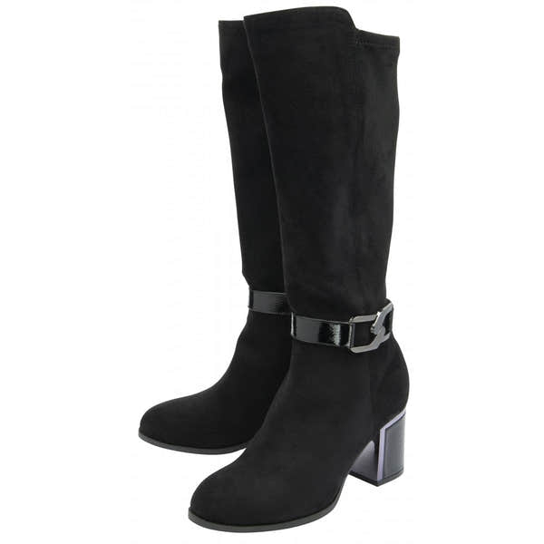 Women's black textile knee-high boots with side zip, chunky block heels, and decorative ankle strap.