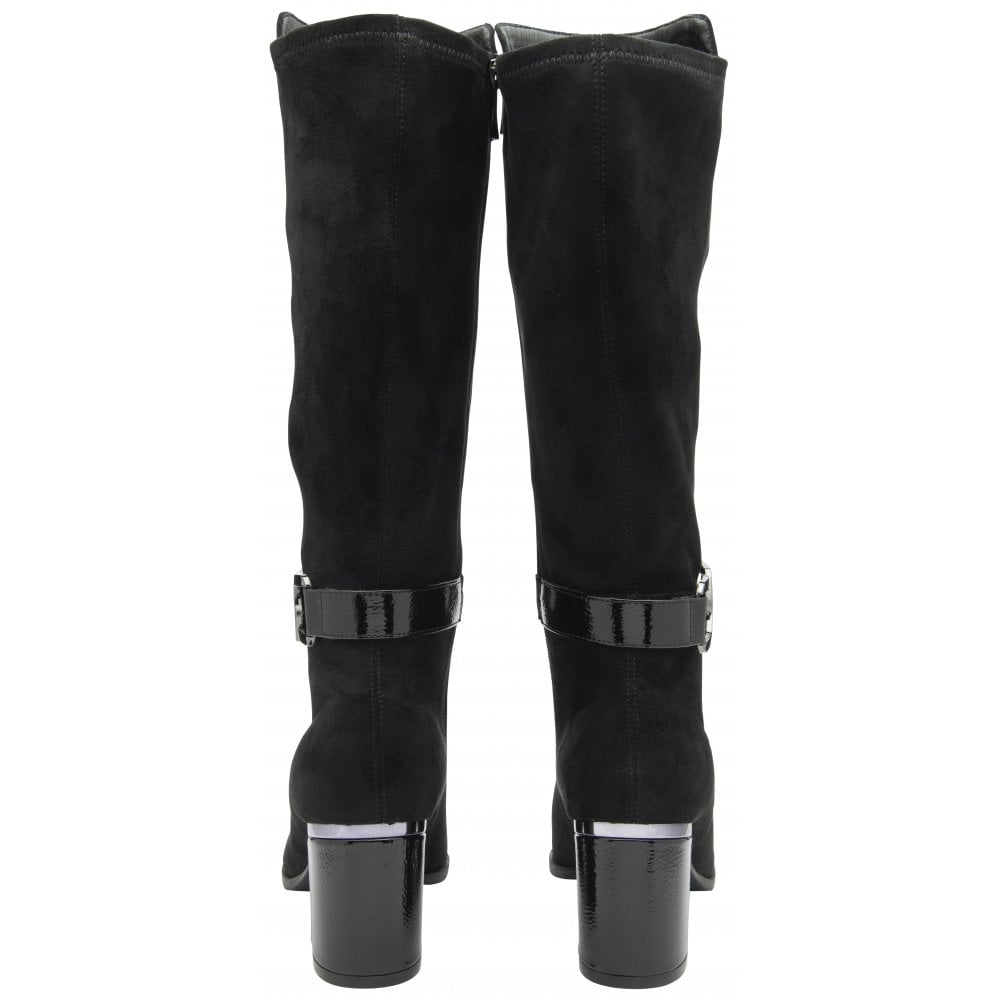 Lotus ULB453BB women's black textile knee-high boots with side zips, chunky heels, and buckle strap detail.