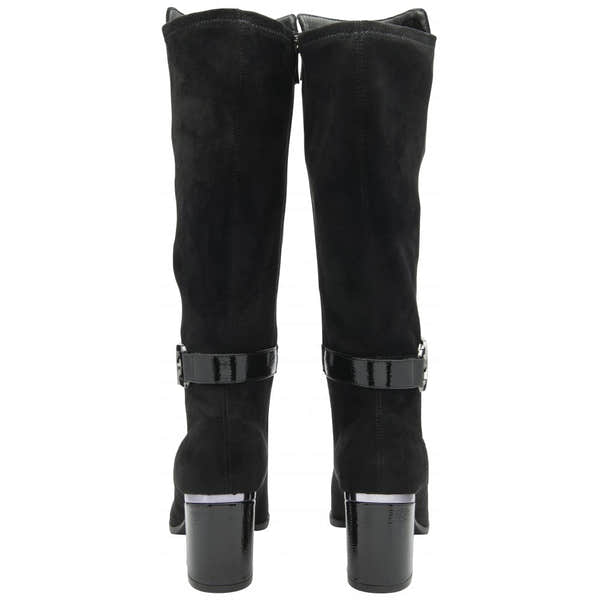 Lotus ULB453BB women's black textile knee-high boots with side zips, chunky heels, and buckle strap detail.
