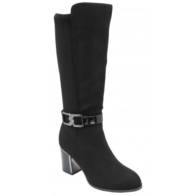 Lotus ULB453BB Ladies Black Textile Knee-High Boots with Side Zip, Block Heel, stylish and comfortable footwear.