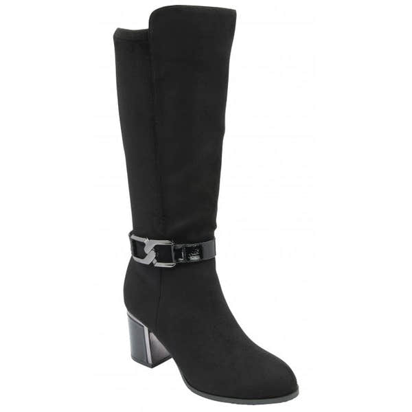 Lotus ULB453BB Ladies Black Textile Knee-High Boots with Side Zip, Block Heel, stylish and comfortable footwear.