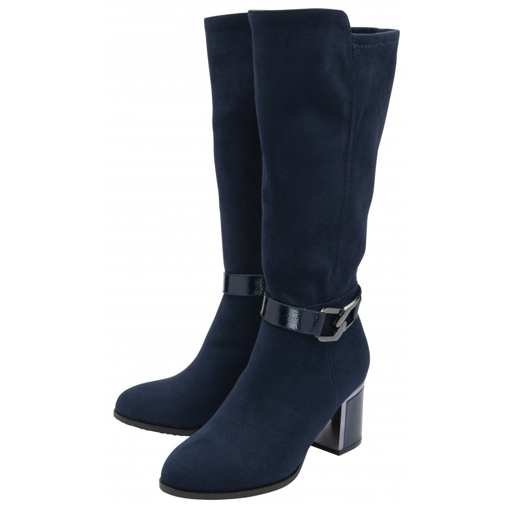 Lotus ULB453DE navy textile women's knee-high boots with side zip, block heel, and buckle detail.