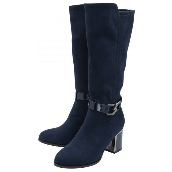 Lotus ULB453DE navy textile women's knee-high boots with side zip, block heel, and buckle detail.