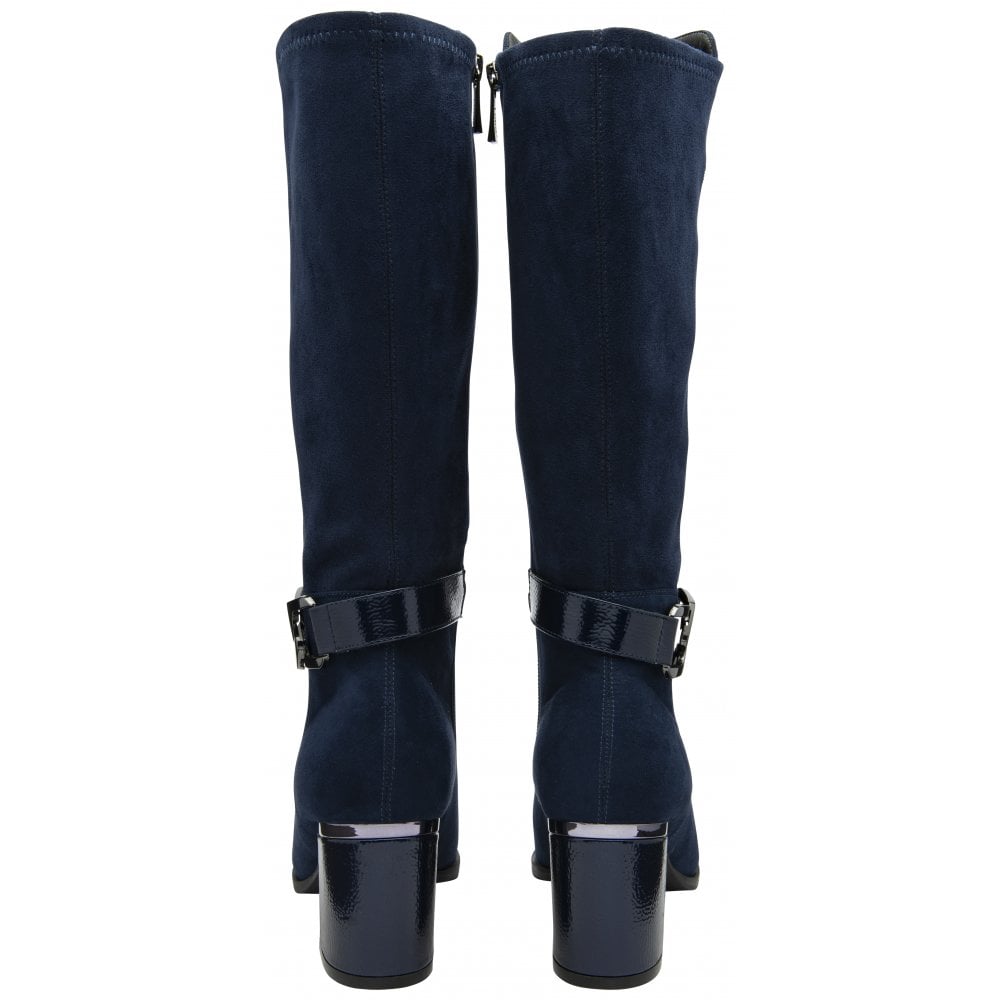 Lotus ULB453DE women's navy knee-high textile boots with side zip, block heels, and strap detail.