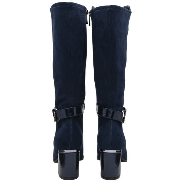 Lotus ULB453DE women's navy knee-high textile boots with side zip, block heels, and strap detail.
