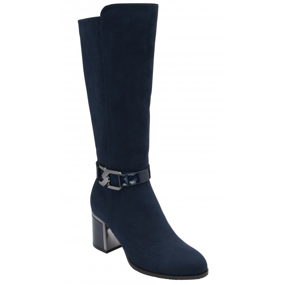 Lotus ULB453DE Navy Textile Knee-High Boots with Side Zip, Stylish Ladies' footwear featuring a block heel and adjustable strap.