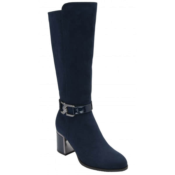 Lotus ULB453DE Navy Textile Knee-High Boots with Side Zip, Stylish Ladies' footwear featuring a block heel and adjustable strap.