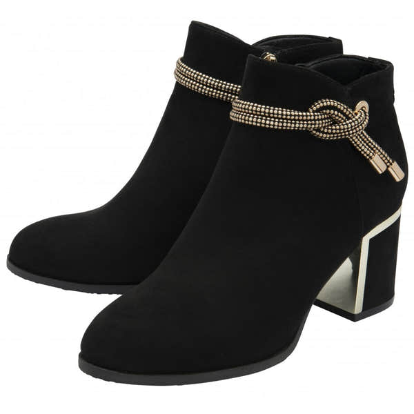 Lotus ULB457BB Tina Black Textile Side Zip Ankle Boots with decorative beaded ankle tie, block heel, stylish women's footwear.