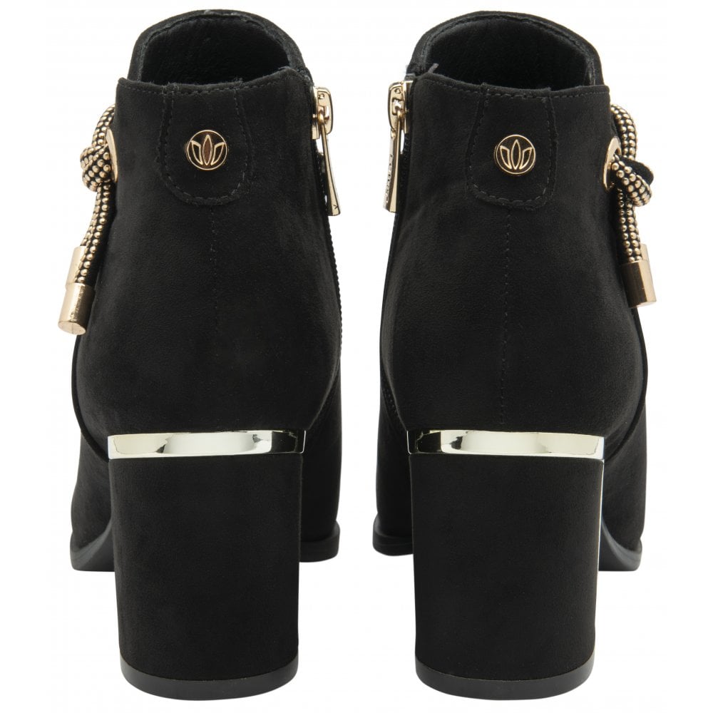 Lotus ULB457BB Tina women’s black textile ankle boots with side zipper and metallic heel trim.