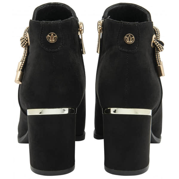 Lotus ULB457BB Tina women’s black textile ankle boots with side zipper and metallic heel trim.