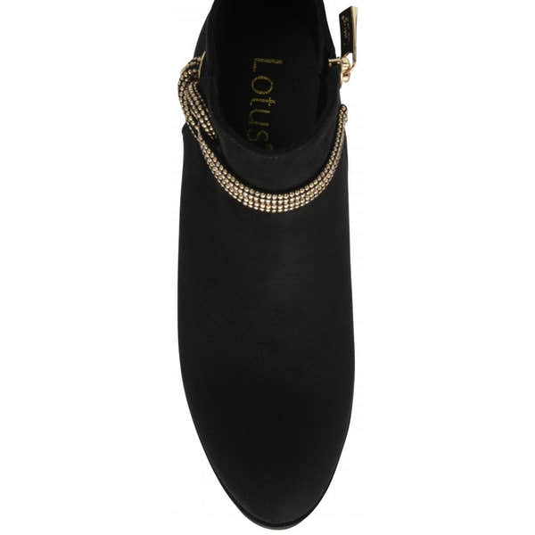 Lotus Tina ULB457BB women's black textile ankle boots with side zipper and embellished chain detail.